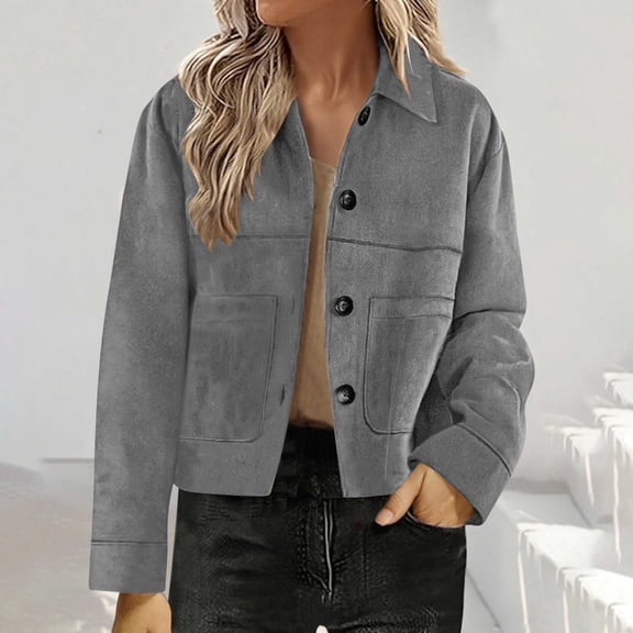 Women's Solid Color Suede Jacket - Notch Collar Cropped, Elegant Temperament Casual Outerwear for Commute & Weekend Gray L
