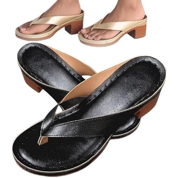 Women's Solid Color Summer Chunky Heel Sandals, Slip on Open Toe Square Toe Comfortable Heeled Sandals, Casual Beach Flip Flops Sandals