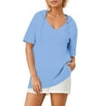 thumbnail image 1 of Women's Solid Color Summer Knit Short Sleeve Hooded Sweatshirt - V-Neck, Drawstring Hood & Lightweight Fabric for Casual Wear, 1 of 5