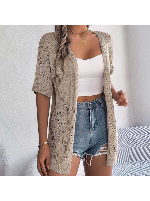 Women's Solid Color Summer Openwork Plaid Short Sleeve Knit Cardigan Casual Beach Vacation Sun Top Cropped Cardigans for Women Tan Open Sweater Leopard Sweaters for Women Womens Jackets Sweaters