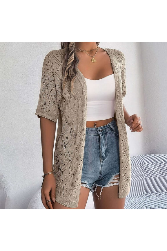 Women's Solid Color Summer Openwork Plaid Short Sleeve Knit Cardigan Casual Beach Vacation Sun Top Cropped Cardigans for Women Tan Open Sweater Leopard Sweaters for Women Womens Jackets Sweaters