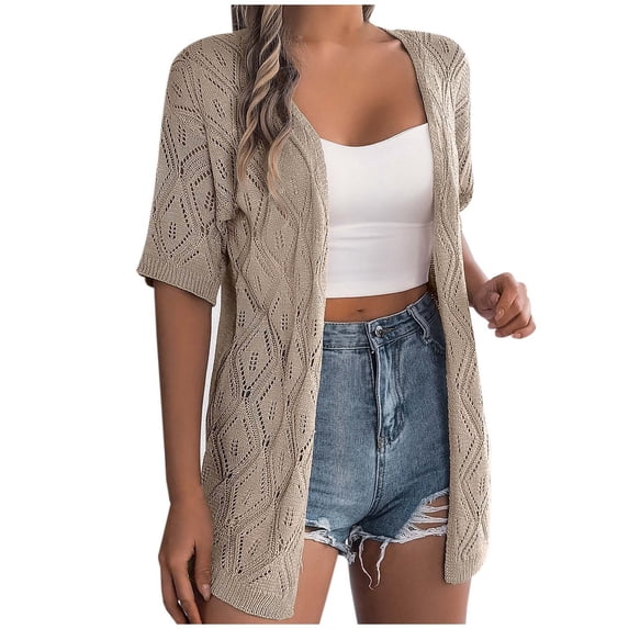 Women's Solid Color Summer Openwork Plaid Short Sleeve Knit Cardigan Casual Beach Vacation Sun Top Spf Shirts for Women Long Sleeve Uv Protection Shirts for Women