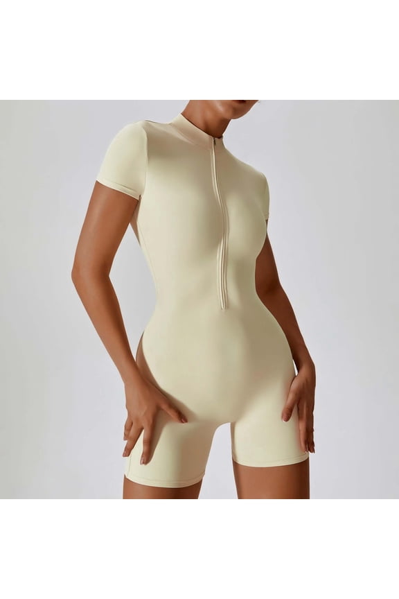 Women's Solid Color Summer Zippered Short Sleeve Yoga Jumpsuit Dance Fitness Tight Workout Rompers And Jumpsuits plus Pearl Back Jumpsuit Drawstring Romper Womens Long Rompers Painter Overalls for