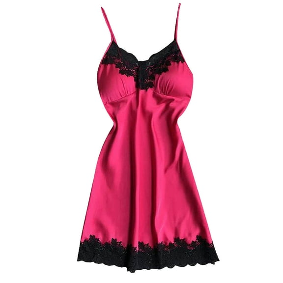 Women's Solid Color Suspender Nightdress V Neck Side Slits Nightie Silk Home Wear Pajamas Hot Pink S