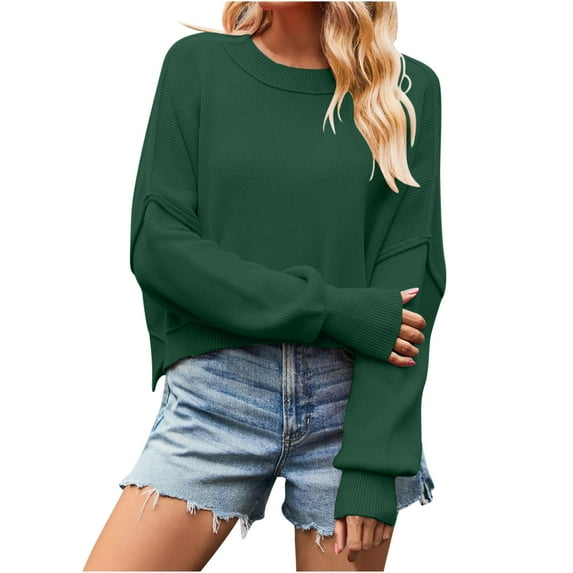 Women's Solid Color Sweater Round Neck Long Sleeve Drop Shoulder Loose Fit Comfy Casual Knit Tops Fall 2025