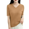 thumbnail image 1 of Women's Solid Color Sweater Short Sleeve V-Neck Pullover Soft Lightweight Knit Top for Everyday Casual Style Camel XXL, 1 of 6