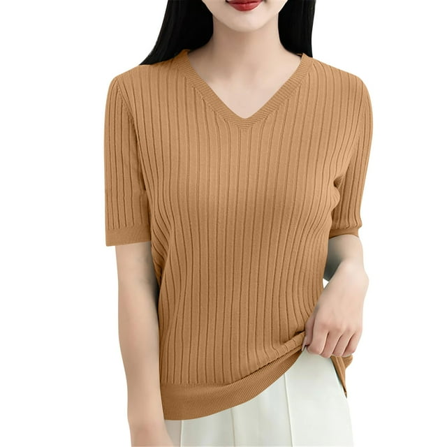 Women's Solid Color Sweater Short Sleeve V-Neck Pullover Soft Lightweight Knit Top for Everyday Casual Style Camel XXL