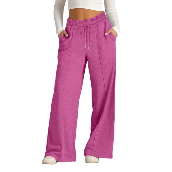 Women's Solid Color Sweatpants, High Waist Wide Leg Elastic Waist Lounge Pants, Loose Fit Workout Trousers for Fall, Casual Wear, Yoga and Daily Loungewear Hot Pink L