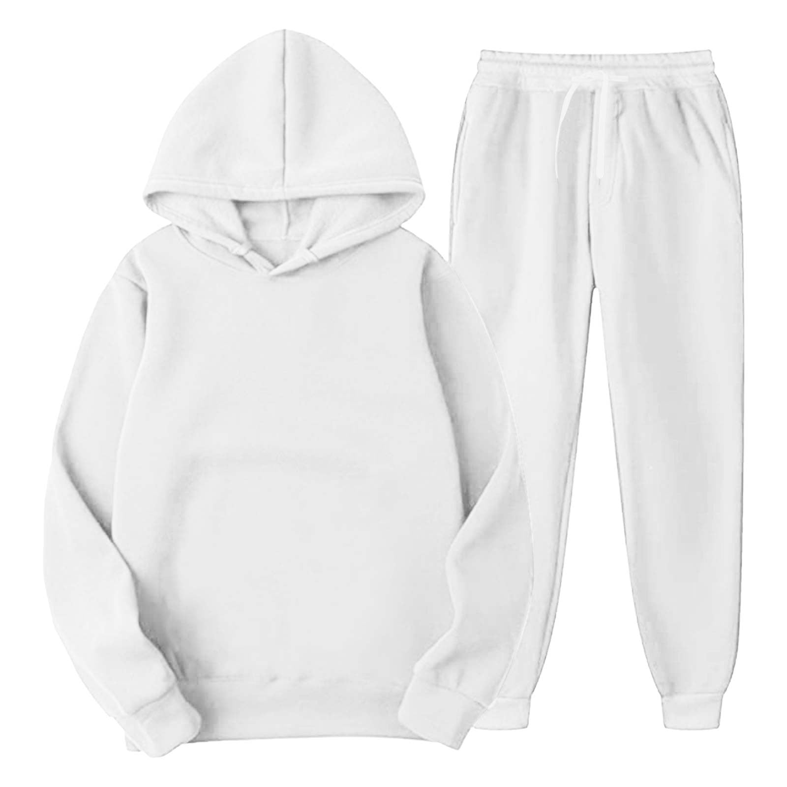 Women's Solid Color Sweatsuit Loose Hoodie Drawstring Sweatpants 2 Piece  Outfit Tracksuit Jogging Sport Sets (S, White) 