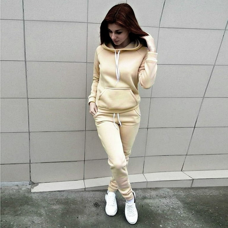 Women's Solid Color Sweatsuit Set, Hoodie and Pants Sport Suits, Women's 2  Piece Outfits Cowl Neck Long Sleeve Sweatshirt and Pants Set Tracksuit
