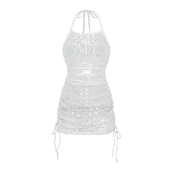 Women's Solid Color Swim Cover Up Dress With Drawstring Beach Mesh Skirt Swimsuit Cover Ups for Women plus Size Sheer Bathing Suit Cover Ups Women Swim Cover up Dress Long plus Size Bathing Suit Cover