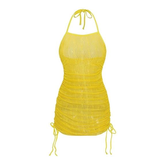 Women's Solid Color Swim Cover Up Dress With Drawstring Beach Mesh Skirt Swimsuit Cover Ups for Women plus Size Sheer Bathing Suit Cover Ups Women Swim Cover up Dress Long plus Size Bathing Suit Cover