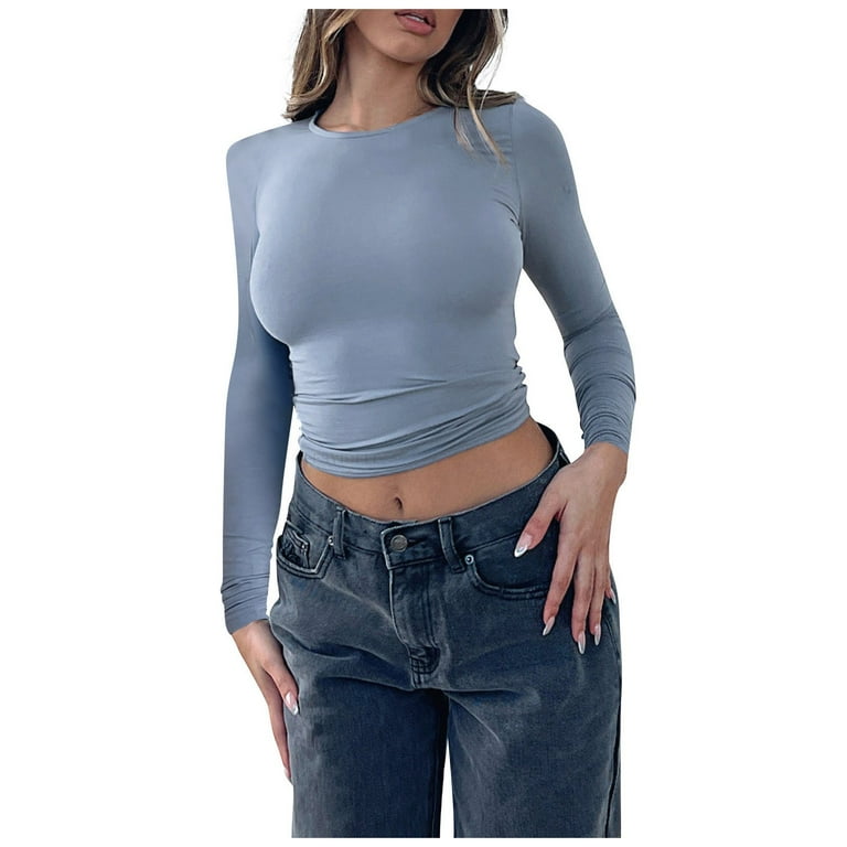 Women s Solid Color T Shirt Slim Fit Knitted Blouse Long Sleeve V Neck Shirts Plus Size Lightweight Tees Round Neck Tops For Ladies All Season
