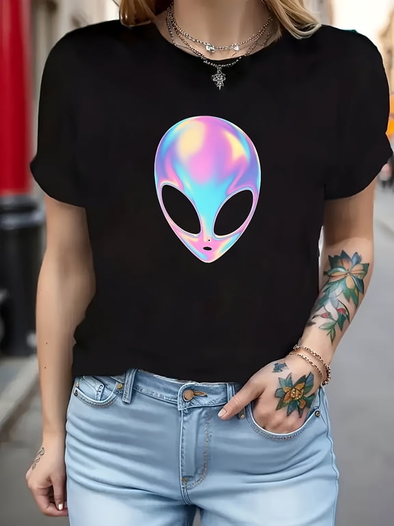 Women's Solid‑Color T‑Shirt with Holographic Alien Head Print‑Geometric Pattern Design