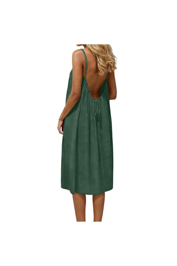 Women's Solid Color Tank Dress, Spaghetti Strap Backless Knee Length Dress, Loose Fit Casual Summer Dress and Beach Cover Up Dress Blackish Green S