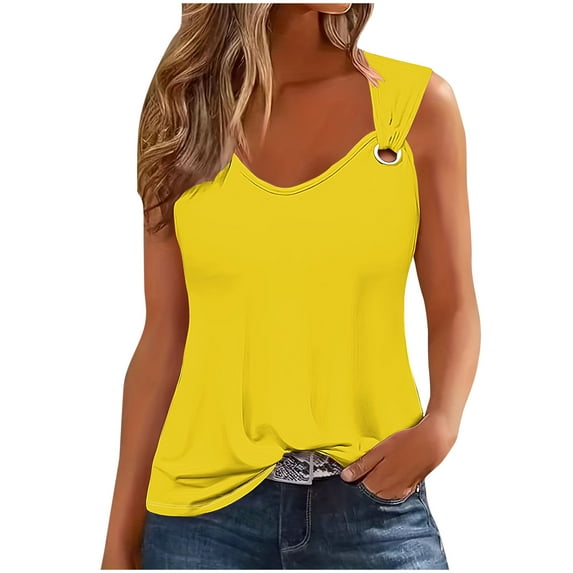 Women's Solid Color Tank Tops Elegant Going out Blouse Summer Clothes for Teen Girls Sleeveless Tunic Tops Loose Fit Flowy Y2K Tops Dressy Casual Fashion 2024 Vintage Scoop Neck Yellow T Shirts M