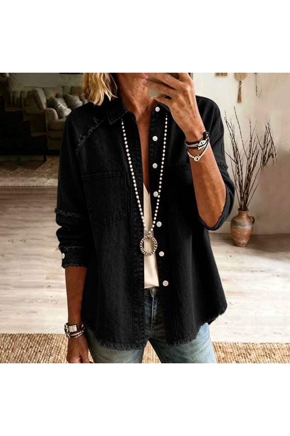 Women's Solid Color Tassel Brushed Long Sleeved Buckle Casual Loose Denim Jackets With Chest Pocket Durable Denim Jackets