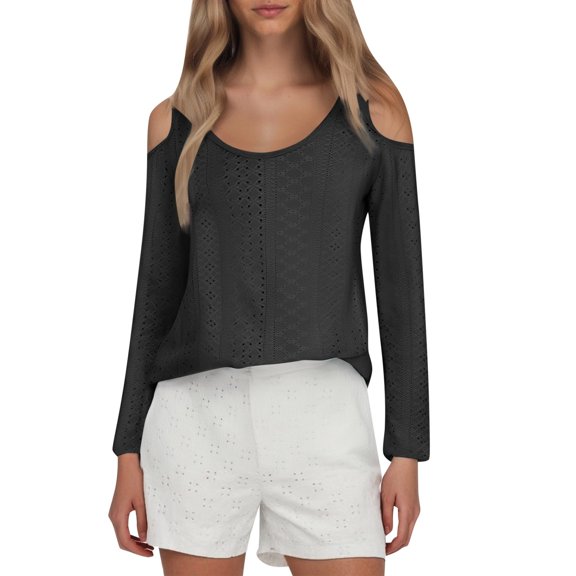 Women's Solid Color Tee Long Sleeve Dressy Basics Cold Shoulder Tops Loose Fit Fall Shirts