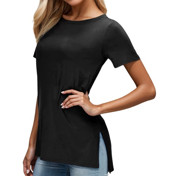 Women's Solid Color Tee Short Sleeve Solid Color Shirts Trendy Spring Fall Tops