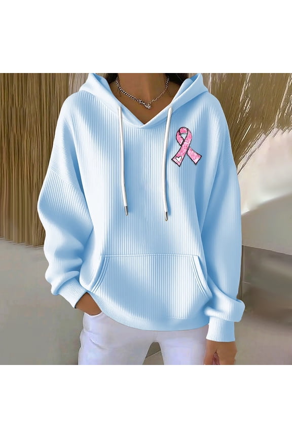 Women's Solid Color Textured Hoodie, Breast Cancer Awareness Pullover with Drawstring Hood and Pockets, Soft Casual Sweatshirt for Support Events, Daily Wear and Fundraiser Activities Sky Blue S