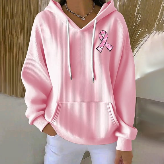 Women's Solid Color Textured Hoodie, Breast Cancer Awareness Pullover with Drawstring Hood and Pockets, Soft Casual Sweatshirt for Support Events, Daily Wear and Fundraiser Activities Pink M