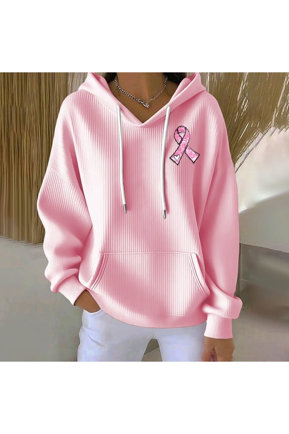 Women's Solid Color Textured Hoodie, Breast Cancer Awareness Pullover with Drawstring Hood and Pockets, Soft Casual Sweatshirt for Support Events, Daily Wear and Fundraiser Activities Pink S