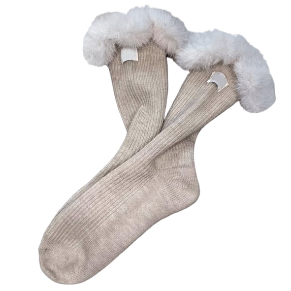 Women's Solid Color Thick Wool Ribbed Knit Calf Socks Outdoor Winter Warm Middle Tube Socks with Furry Edges Spliced