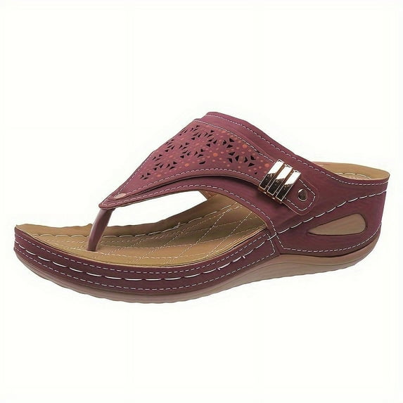 Women's Solid Color Thong Sandals, Slip On Platform Casual Slides, Buckle Belt Soft Sole Summer Wedge Slides