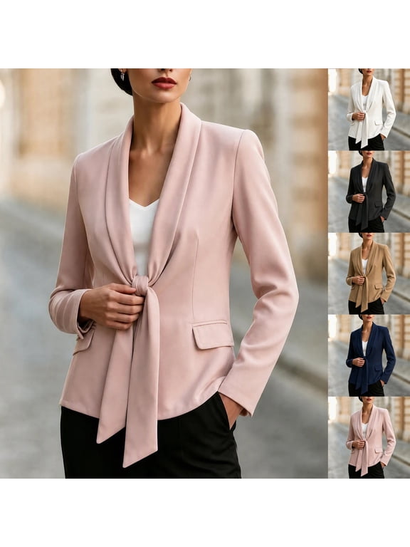 Women's Solid Color Tie Front Blazer, Long Sleeve Shawl Collar Casual Suit Jacket with Flap Pockets for office Daily Pink XL