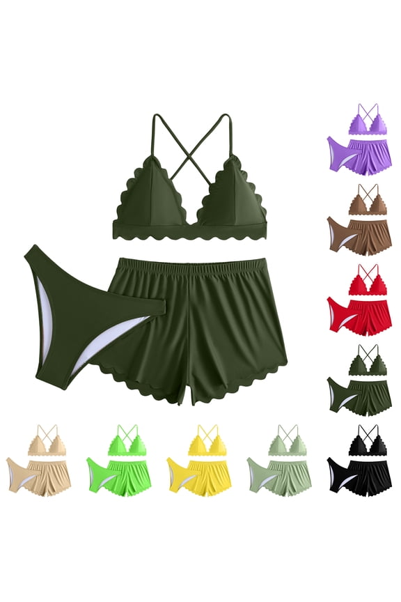 Women's Solid Color Tie Side Bikini Three-Piece Swimsuit Army Green XL