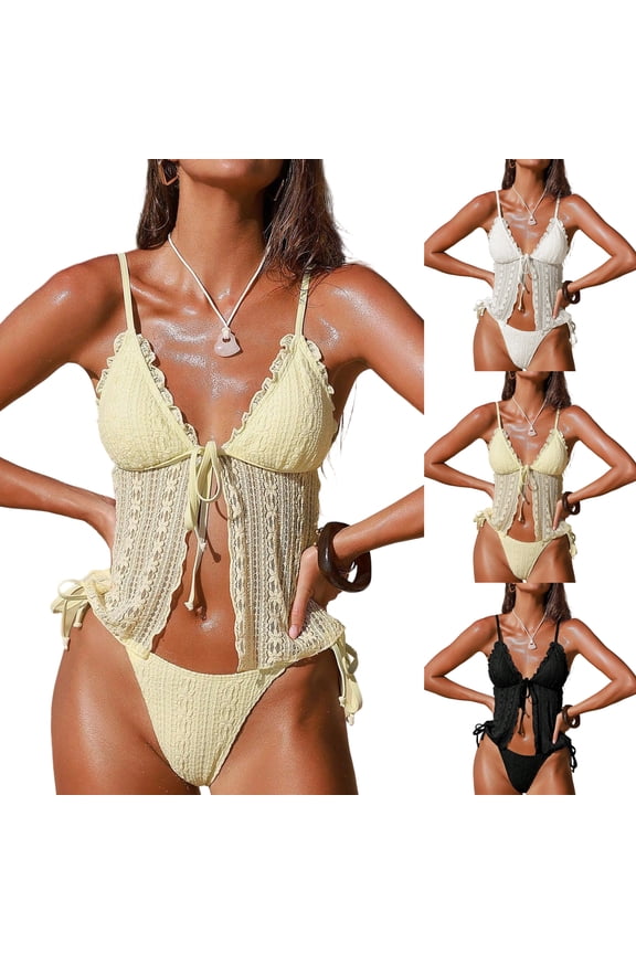 Women's Solid Color Tie Side Lace Bikini Two-Piece Swimsuit White M