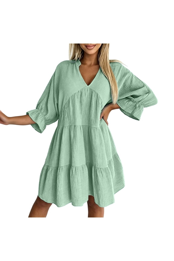 Women's Solid Color Tiered Mini Dress V Neck Bubble 3/4 Sleeve Casual Loose Babydoll Dress for Summer Daily Wear Green M(M)