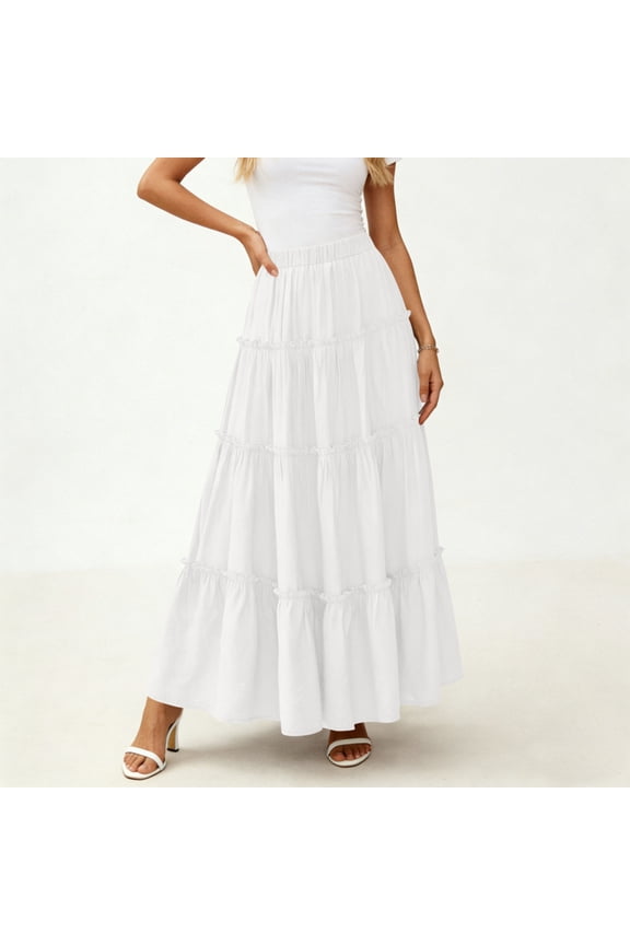 Women's Solid Color Tiered Ruffle Maxi Skirt - Elastic Waist Flowy Swing Long Skirt for Casual & Vacation Wear