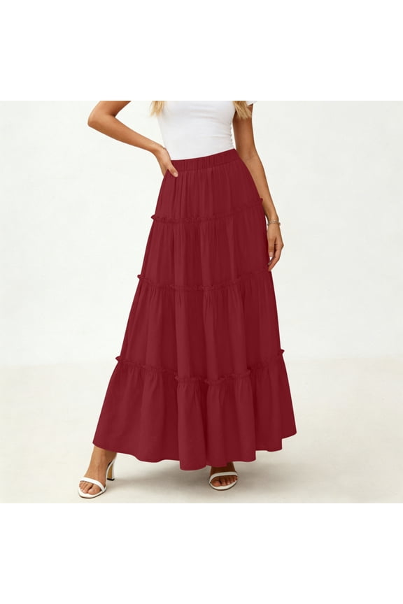 Women's Solid Color Tiered Ruffle Maxi Skirt - Elastic Waist Flowy Swing Long Skirt for Casual & Vacation Wear