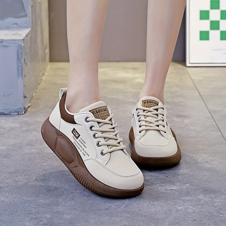 Women s Solid Color Trendy Sneakers Lace Up Soft Sole Platform Casual Shoes Letter Print Versatile Skate Shoes