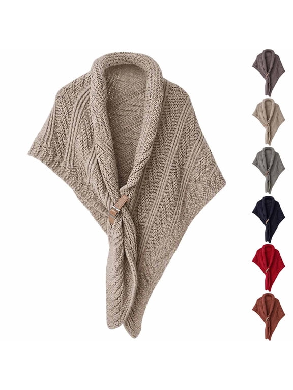 Women's Solid Color Triangular Knit Cape Shawl, Stylish Wrap Poncho with Leather Buckle, Soft Polyester Shoulder Cover, Fashion Outerwear for Dating Party Work Daily Vacation