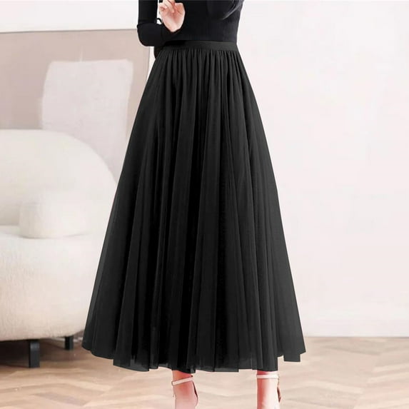 Women's Solid Color Tulle Skirt, High Waist A-Line Pleated Maxi Skirt, Elastic Waist Layered Mesh Skirt for Formal, Party, Wedding and Special Occasions Black C