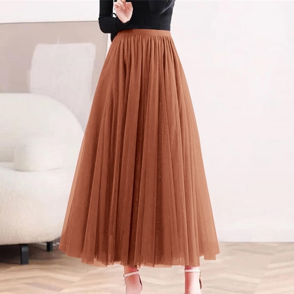 Women's Solid Color Tulle Skirt, High Waist A-Line Pleated Maxi Skirt, Elastic Waist Layered Mesh Skirt for Formal, Party, Wedding and Special Occasions Brick Red A