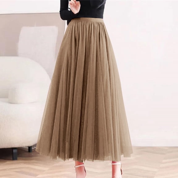Women's Solid Color Tulle Skirt, High Waist A-Line Pleated Maxi Skirt, Elastic Waist Layered Mesh Skirt for Formal, Party, Wedding and Special Occasions Khaki B