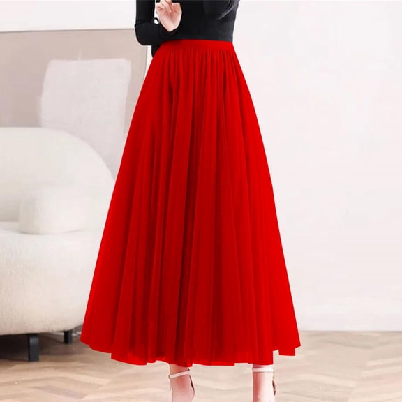 Women's Solid Color Tulle Skirt, High Waist A-Line Pleated Maxi Skirt, Elastic Waist Layered Mesh Skirt for Formal, Party, Wedding and Special Occasions Red A