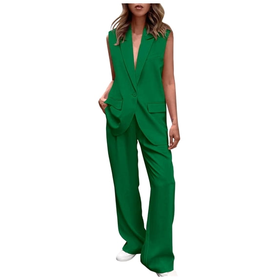 Women's Solid Color Turn-down Collar Sleeveless Suit Vest and Wide Leg Pants Set Business Casual Outfit S