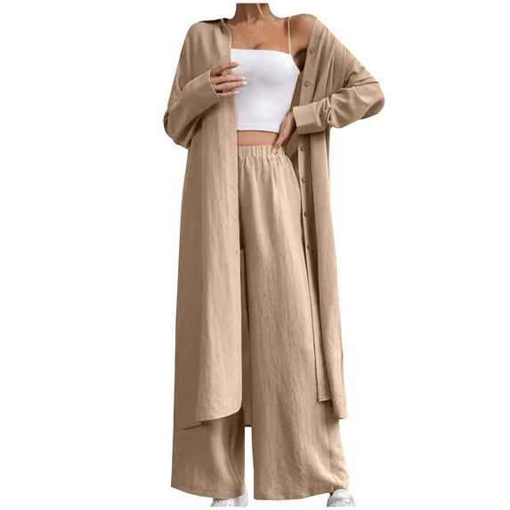 Women's Solid Color Turndown Button Long Sleeve Elastic Waist Loose Pants Sets Women 2 Piece Outfits S-176 Khaki M