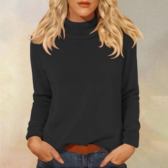 Women's Solid Color Turtle Neck Long Sleeve Top, Soft Flannel Blouse, Warm Brushed Interior Shirt, Cozy Winter Wear, Comfortable Casual Pullover Black XXL