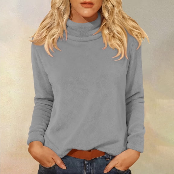 Women's Solid Color Turtle Neck Long Sleeve Top, Soft Flannel Blouse, Warm Brushed Interior Shirt, Cozy Winter Wear, Comfortable Casual Pullover Grey XXXL