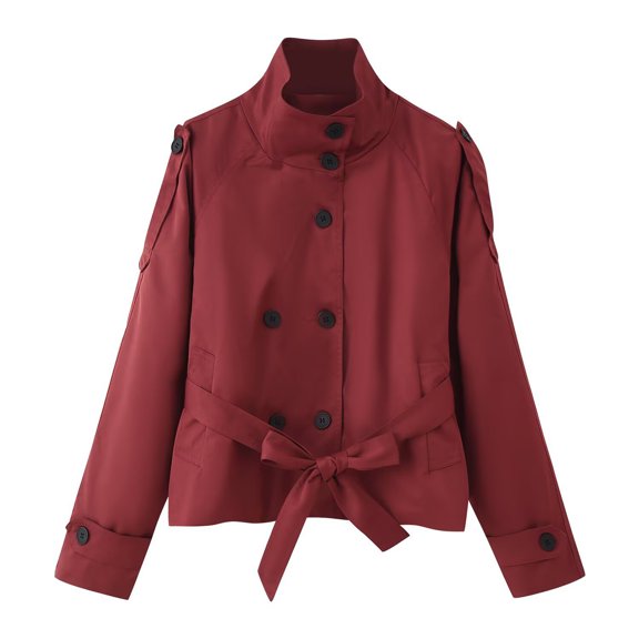 Women's Solid Color Turtleneck Double-breasted Long-sleeved Belted Short Trench Coat Red S