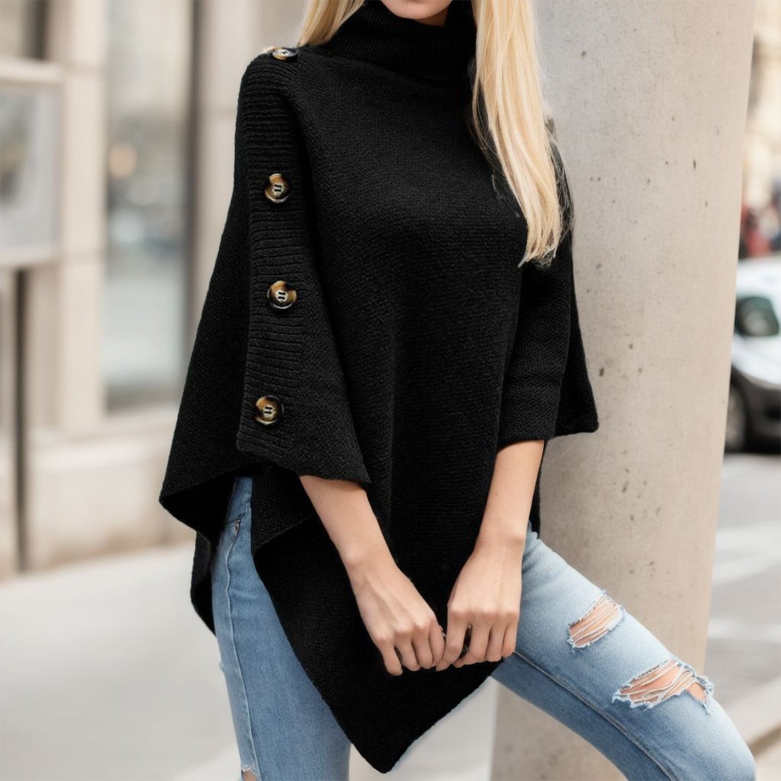 Women s Solid Color Turtleneck Knitted Cape Sweater Poncho Cardigan Coat Walmart