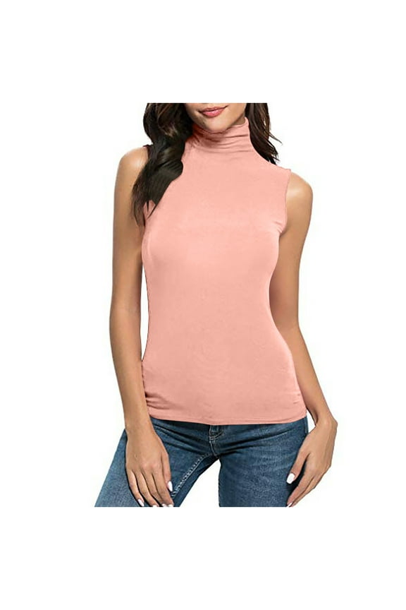 Women's Solid Color Turtleneck Sleeveless Casual Tee Shirt Blouse Top for Women