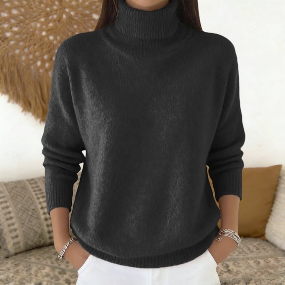 Women's Solid Color Turtleneck Sweater, Drop Shoulder Loose Fit Pullover, Long Sleeve Casual Sweater, Cozy Winter Sweater, Everyday Soft Sweater, Fall Winter Tops Black S