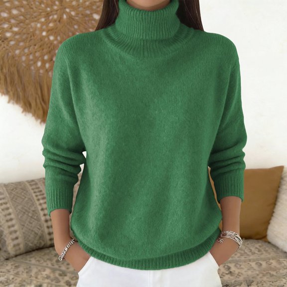 Women's Solid Color Turtleneck Sweater, Drop Shoulder Loose Fit Pullover, Long Sleeve Casual Sweater, Cozy Winter Sweater, Everyday Soft Sweater, Fall Winter Tops Green XXXL