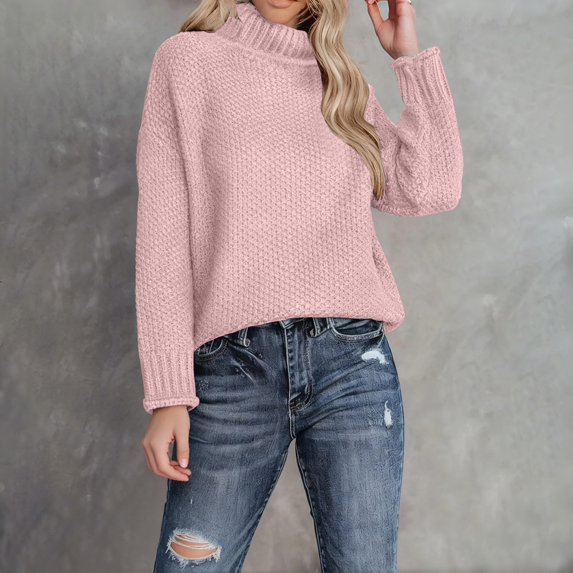 Women's Solid Color Turtleneck Sweater, Loose Fit Knit Pullover with Long Sleeves, Soft Stretchy High Neck Top, Comfortable Casual Winter Wear for Everyday Outfits and Relaxation Pink L